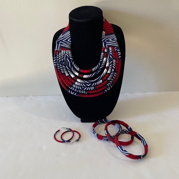 Floral Print Red Multocolor Layered Necklace,  Earring, and Bracelet Jewelry Set - Picture 1 of 3